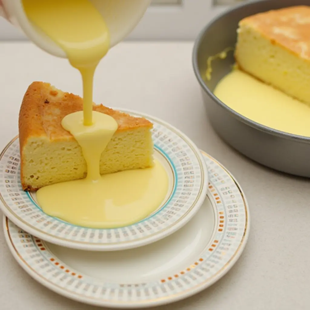 a plate of food with a piece of cake and a pan of food