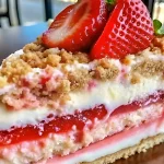 a slice of cake with strawberries and crumbles