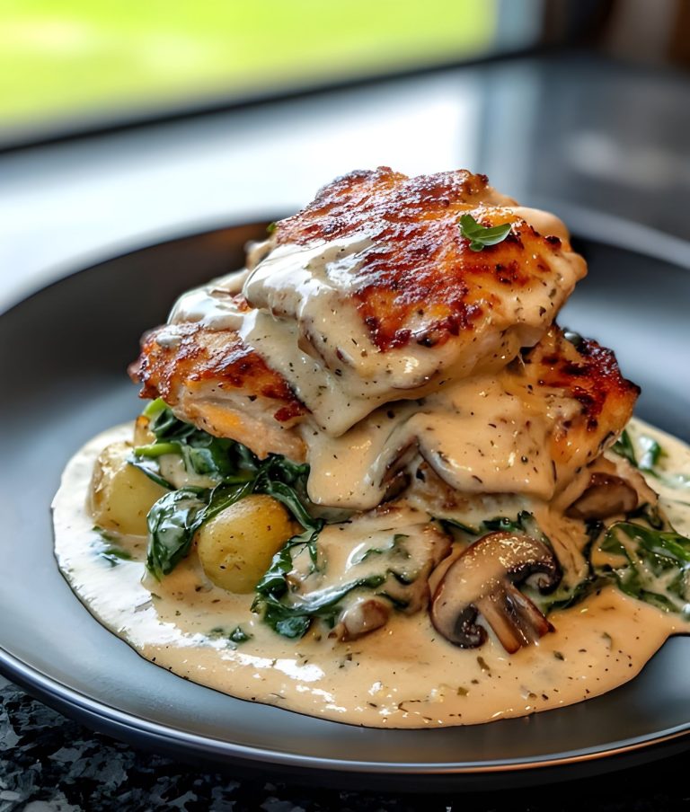 Creamy Garlic Herb Smothered Chicken with Spinach, Mushrooms & Potatoes (One-Pan Weeknight Dinner)