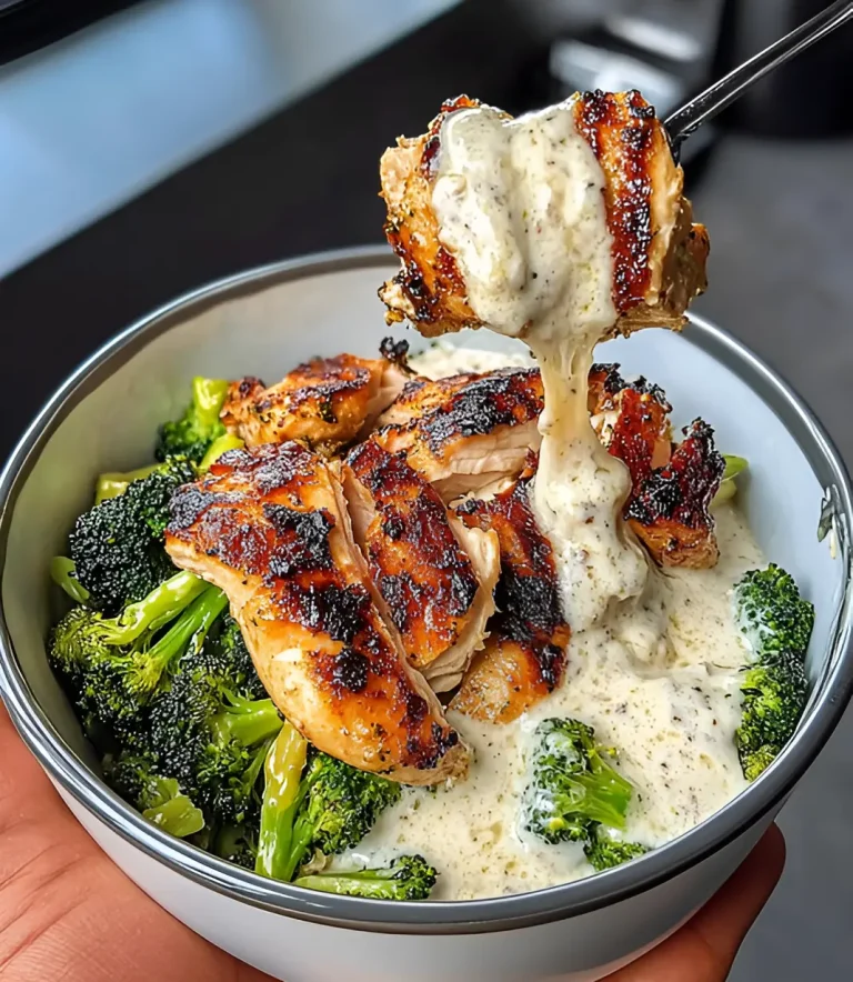 Grilled Chicken & Broccoli Bowls with Creamy Garlic Sauce Recipe