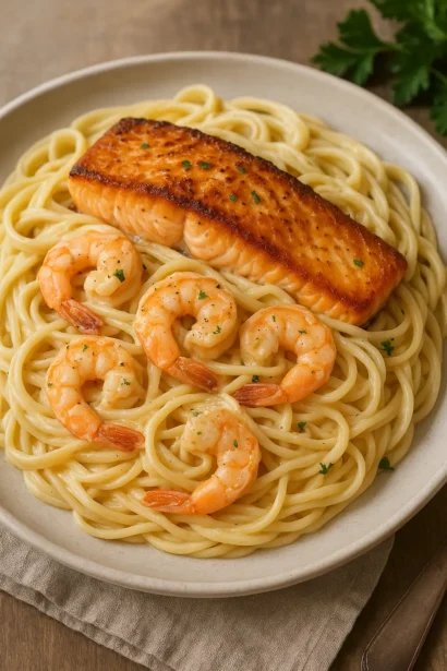 Salmon and Shrimp Alfredo p