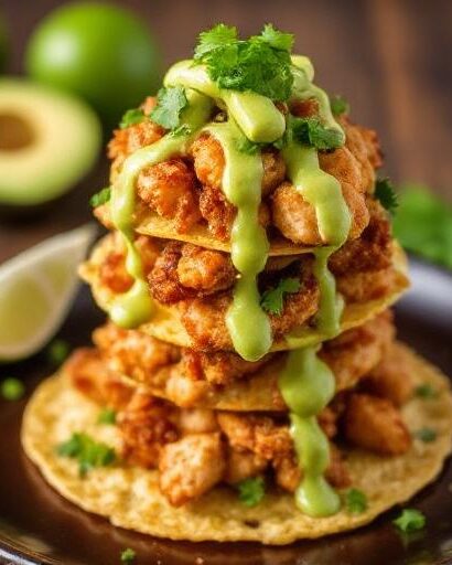 Crispy Honey Lime Chicken Tostada Towers with Avocado Lime Drizzle p