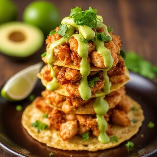Crispy Honey Lime Chicken Tostada Towers with Avocado Lime Drizzle p