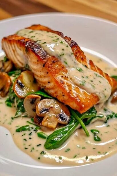 Garlic Butter Salmon with Spinach Mushrooms in Creamy Sauce