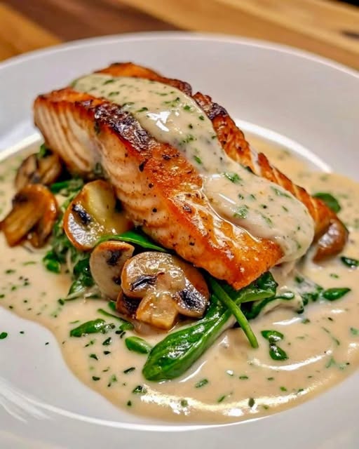 Garlic Butter Salmon with Spinach Mushrooms in Creamy Sauce
