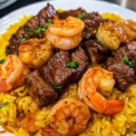 Honey Garlic Steak Shrimp over Yellow Rice