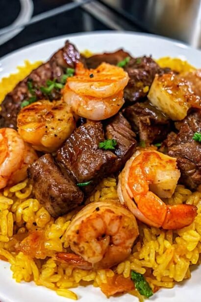 Honey Garlic Steak Shrimp over Yellow Rice