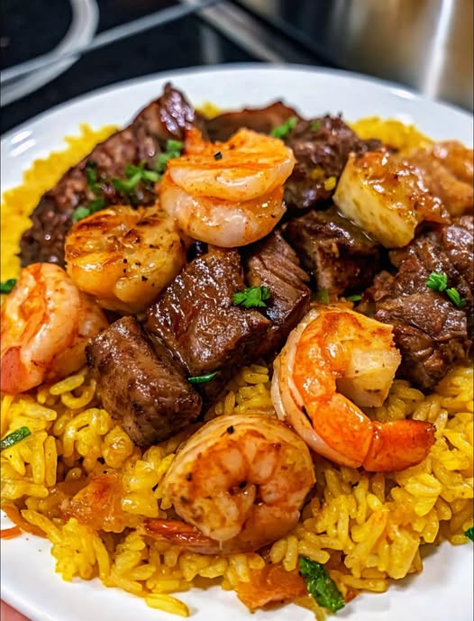 Honey Garlic Steak Shrimp over Yellow Rice