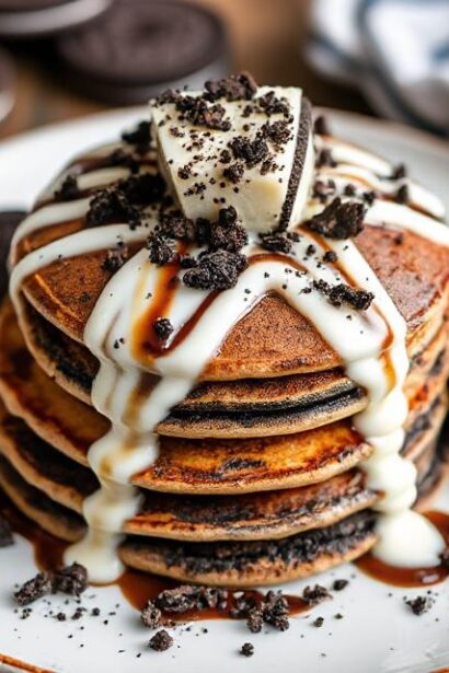Oreo Pancakes with Cream Cheese Drizzle p