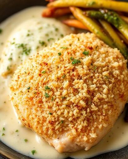 Parmesan Crusted Chicken with Creamy Garlic Sauce p