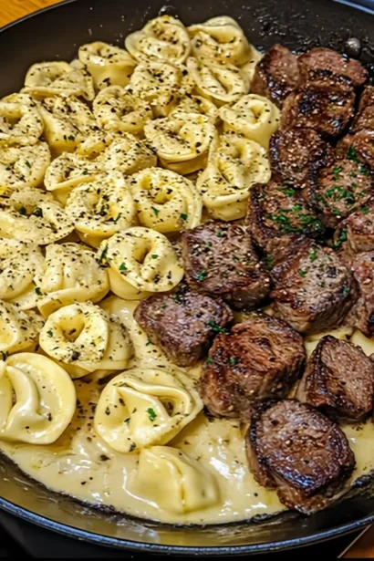 Garlic Steak & Cheese Tortellini Skillet Recipe
