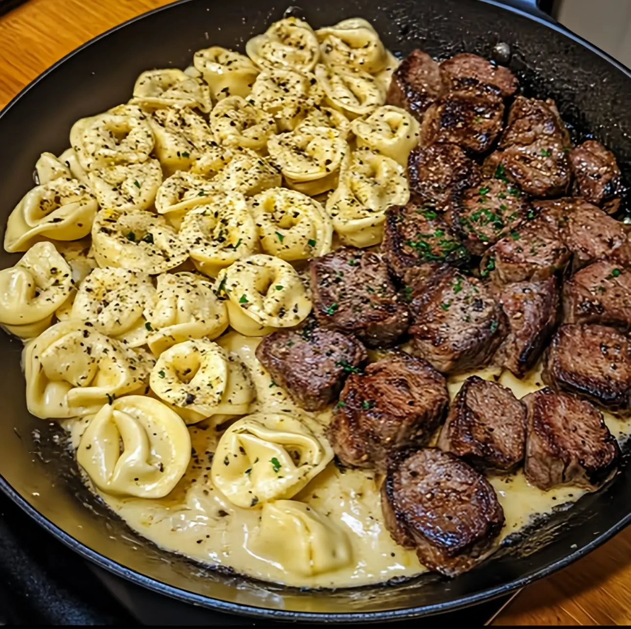 Garlic Steak & Cheese Tortellini Skillet Recipe