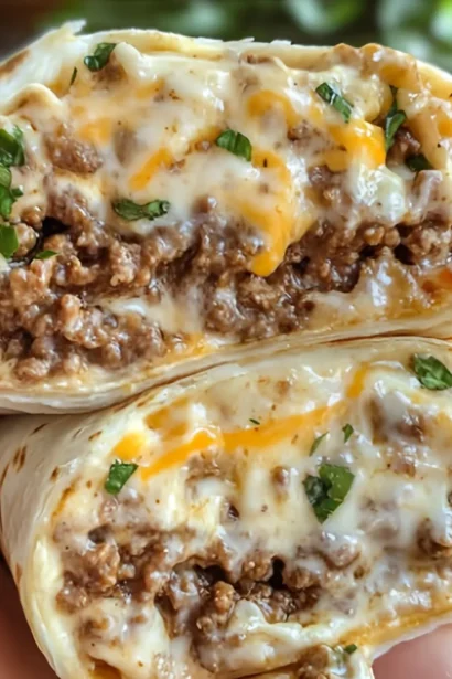 Easy creamy burritos recipe served with a rich sauce on a plate