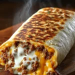 Crispy grilled cheese burrito on a plate, golden and melted, ready to eat.