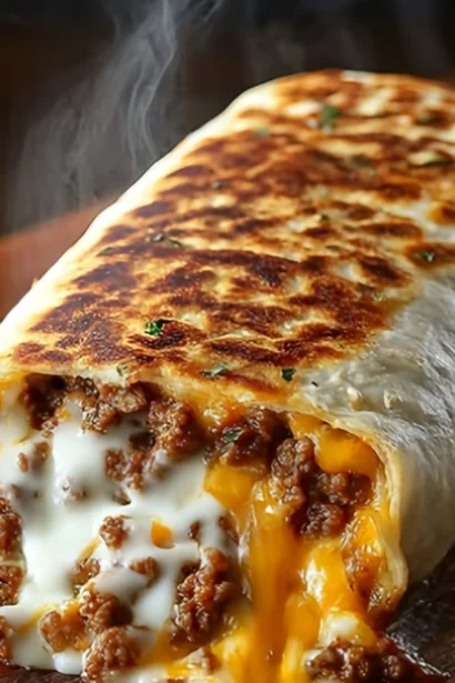 Crispy grilled cheese burrito on a plate, golden and melted, ready to eat.