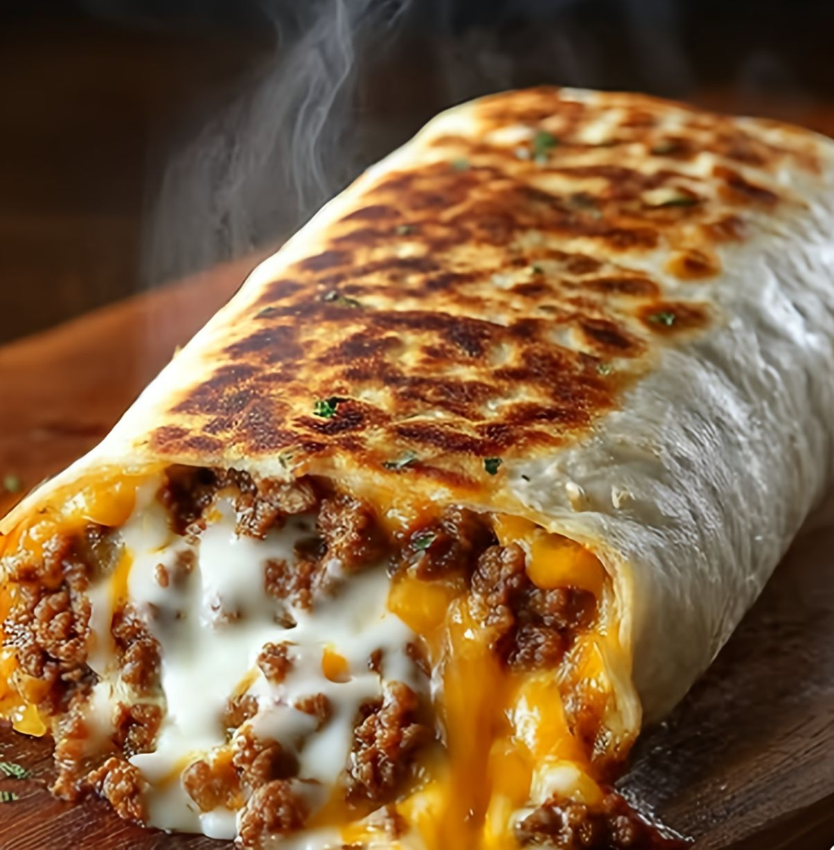 Crispy grilled cheese burrito on a plate, golden and melted, ready to eat.