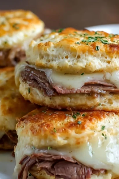 Easy baked French dip biscuits arranged on a plate, served with dipping sauce.