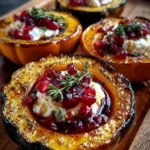 Honey-glazed acorn squash topped with creamy goat cheese and a cranberry drizzle, served on a rustic plate.