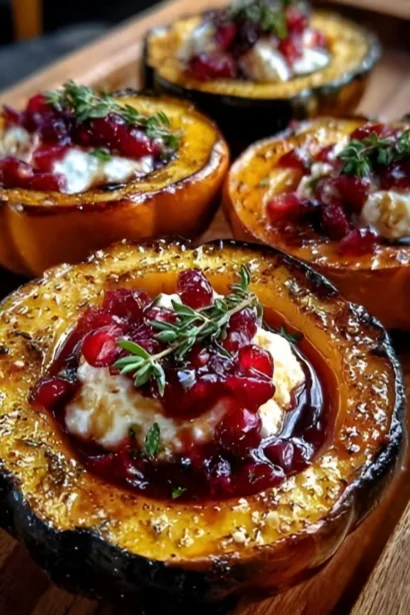 Honey-glazed acorn squash topped with creamy goat cheese and a cranberry drizzle, served on a rustic plate.