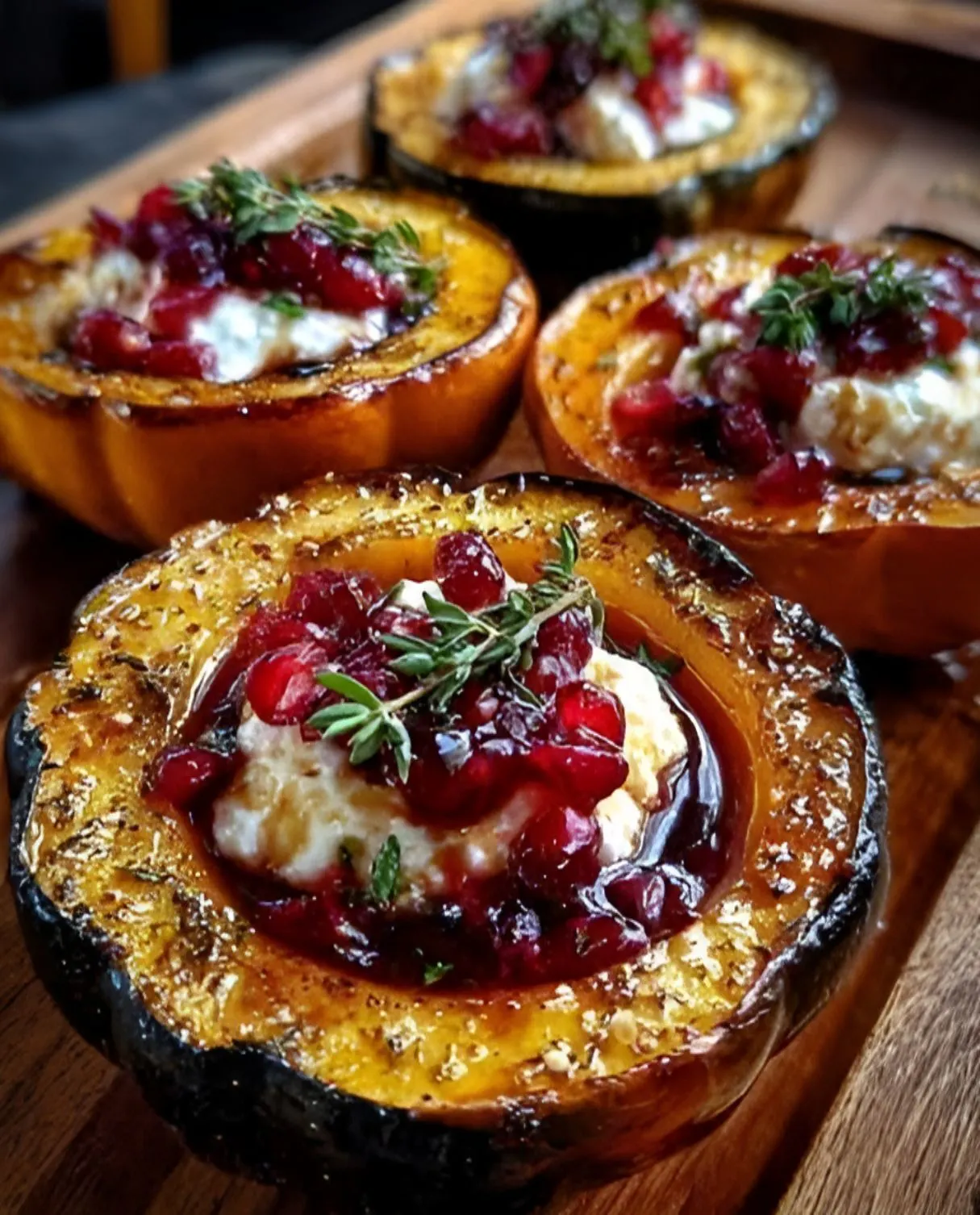 Honey-glazed acorn squash topped with creamy goat cheese and a cranberry drizzle, served on a rustic plate.