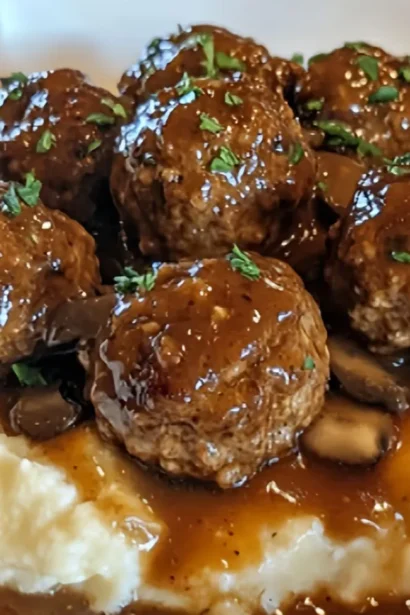 Salisbury steak meatballs in rich brown gravy served in a white slow cooker, garnished with fresh parsley