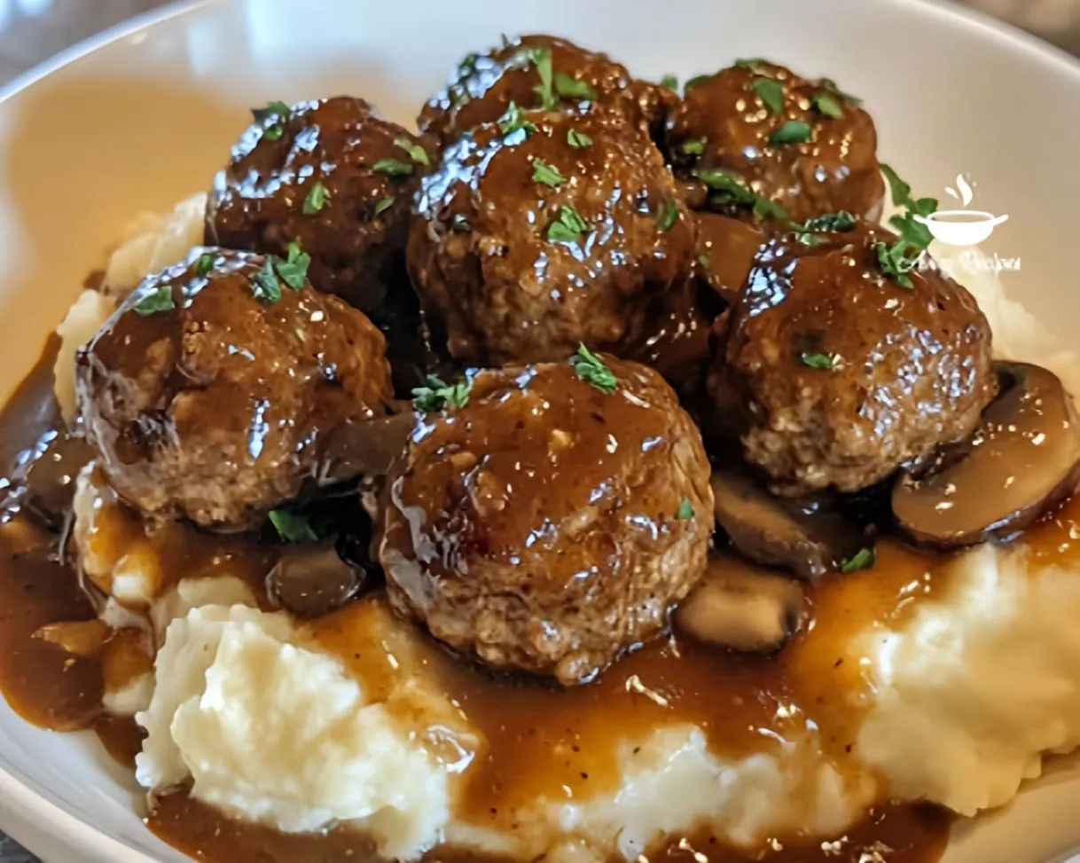 Salisbury steak meatballs in rich brown gravy served in a white slow cooker, garnished with fresh parsley