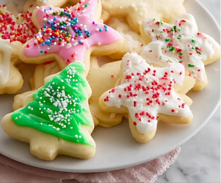 A plate of beautifully decorated cut-out sugar cookies, perfect for festive occasions.