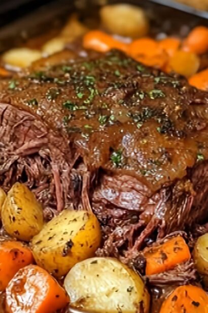 Italian pot roast cooked in a slow cooker with tender beef, vegetables, and rich gravy