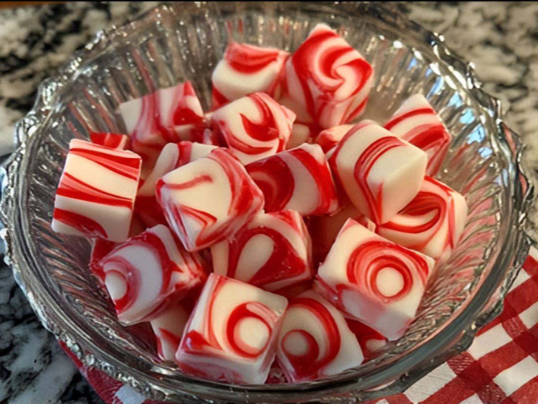 Old-fashioned soft Christmas peppermint butter mints arranged in a bowl