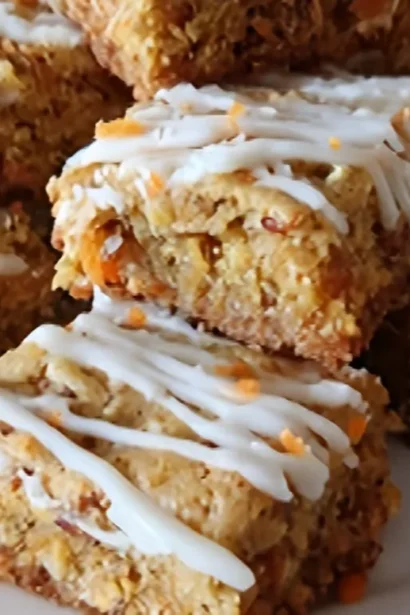 High-protein cottage cheese carrot cake bars topped with creamy frosting, soft and moist texture, naturally sweetened healthy dessert
