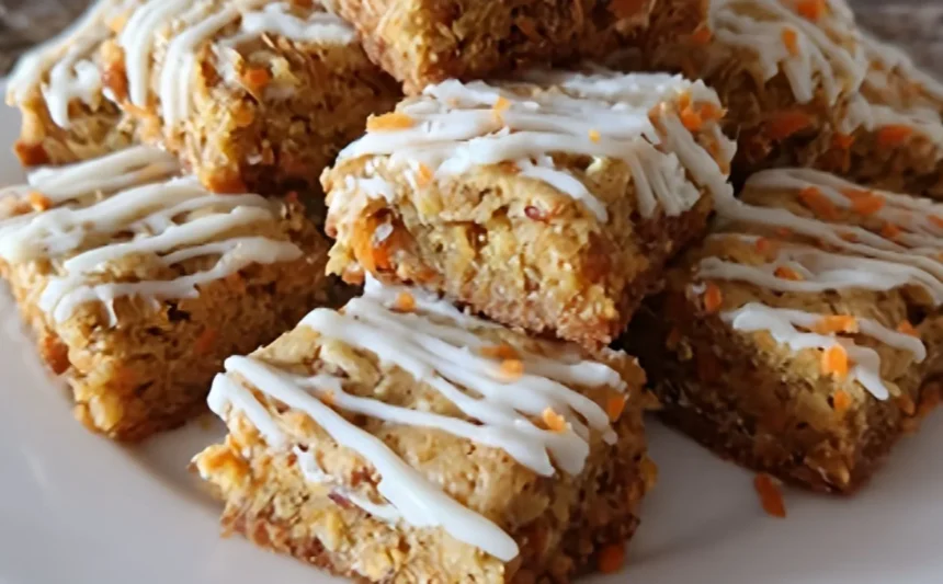 High-protein cottage cheese carrot cake bars topped with creamy frosting, soft and moist texture, naturally sweetened healthy dessert