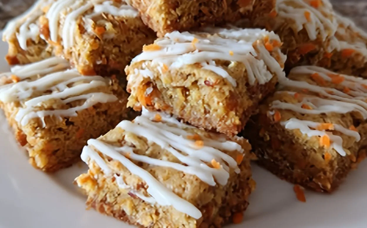 High-protein cottage cheese carrot cake bars topped with creamy frosting, soft and moist texture, naturally sweetened healthy dessert