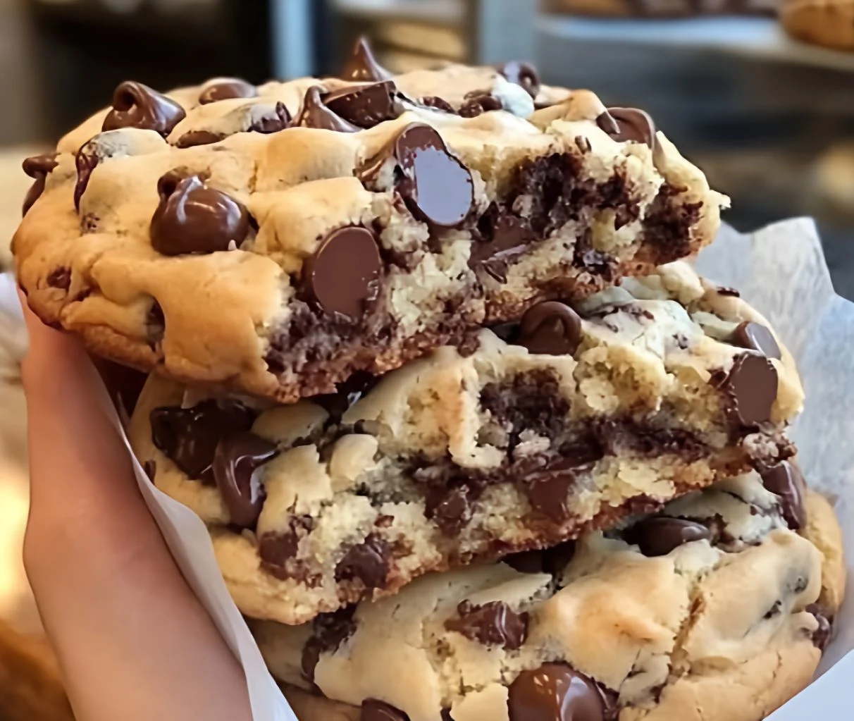 Freshly baked Levain Bakery chocolate chip cookies with gooey center and crispy edges on a cooling rack
