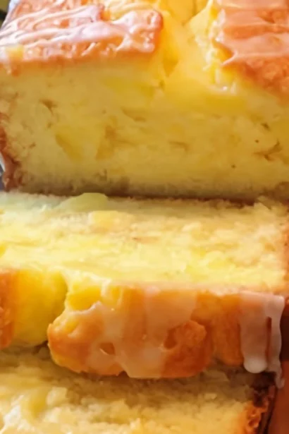 Pineapple quick bread loaf with a golden crust and pineapple pieces