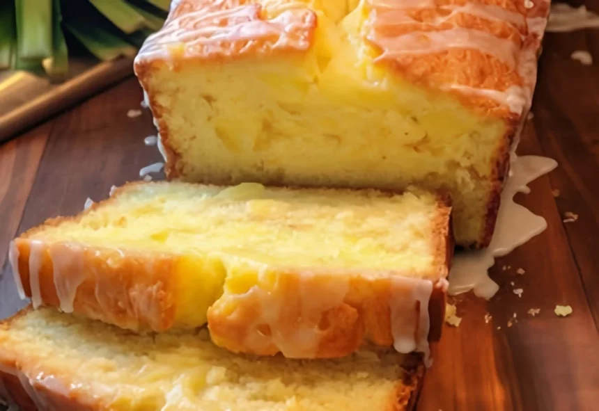 Pineapple quick bread loaf with a golden crust and pineapple pieces