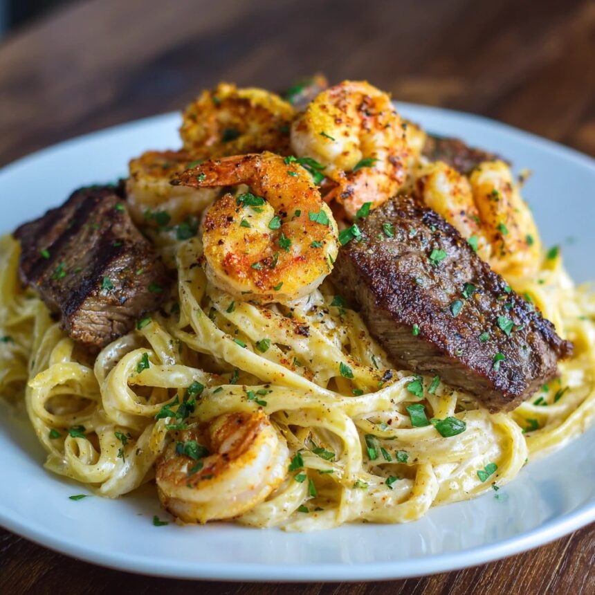 Cajun Shrimp and Steak Alfredo Pasta