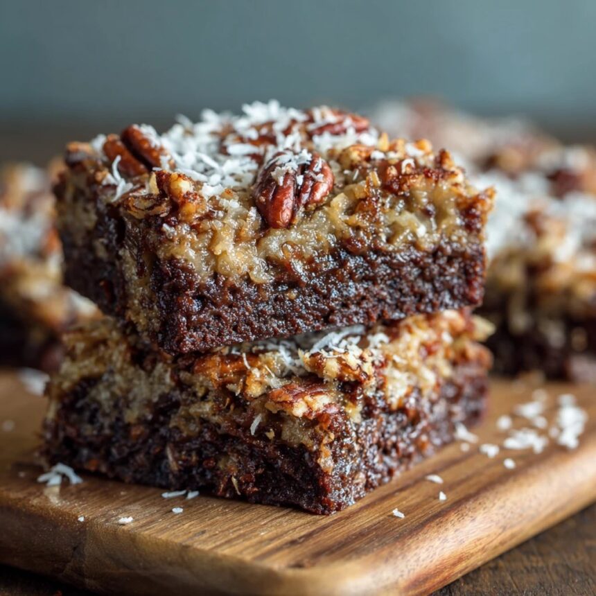 Chewy German Chocolate Brownies with Coconut Pecan