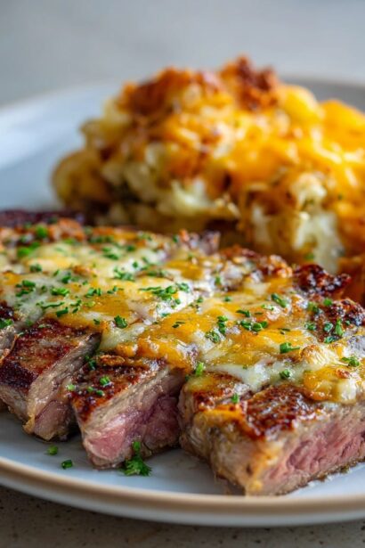 Garlic Butter Steak & Cheddar Potato Bake