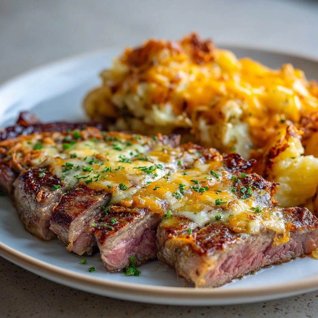 Garlic Butter Steak & Cheddar Potato Bake