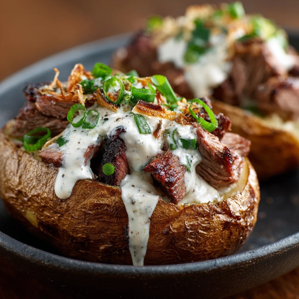Steak-Stuffed Baked Potatoes with Parmesan Cream Sauce