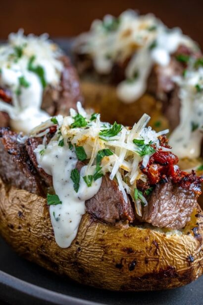 Steak-Stuffed Baked Potatoes with Parmesan Cream Sauce