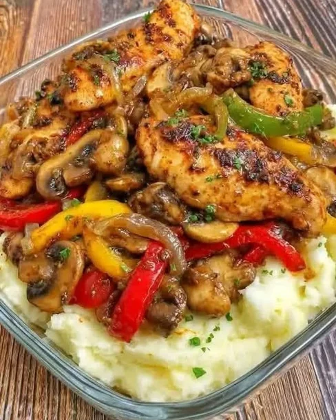 Ultimate Smothered Chicken Over Creamy Mashed Potatoes with Peppers & Mushrooms