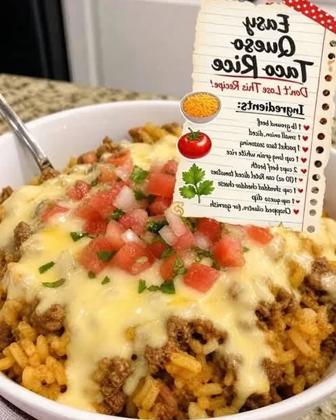 Taco Seasoned Rice with Ground Beef, Melted Cheddar
