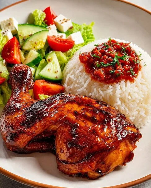 Sticky Bbq Chicken Leg with Rice and Fresh Salad
