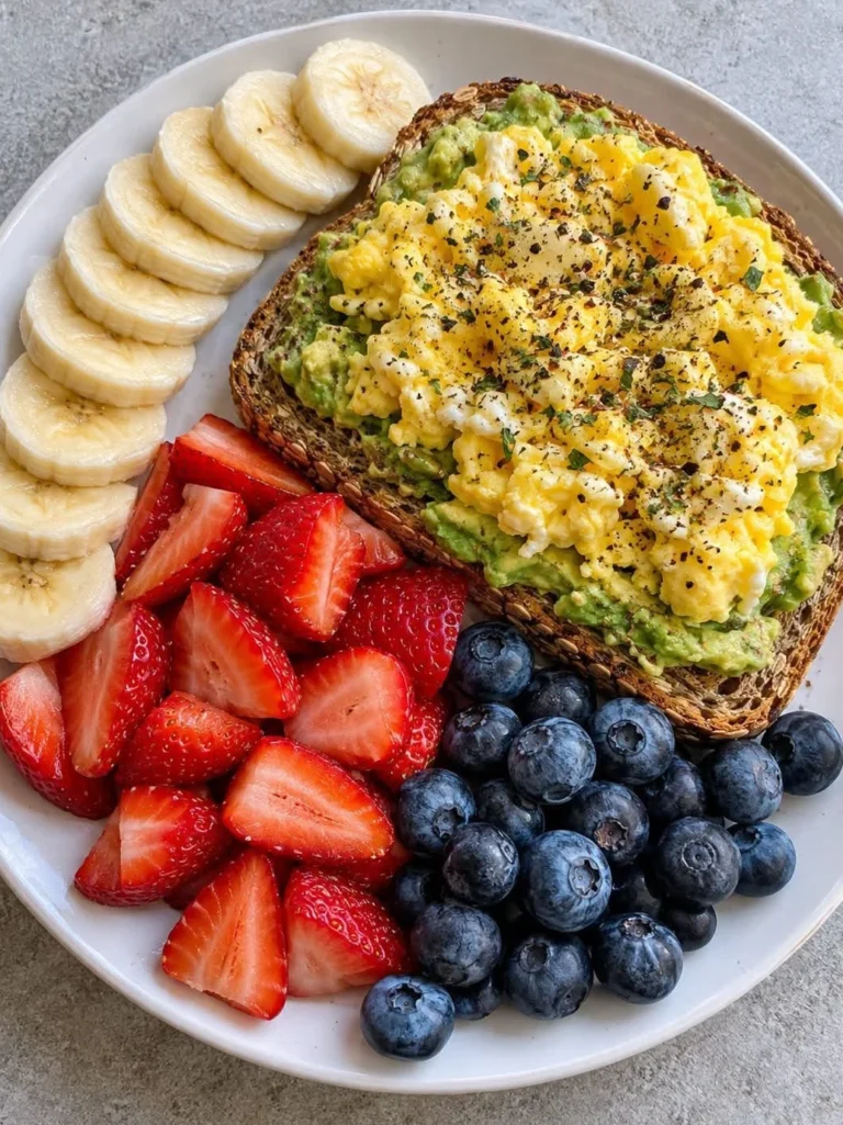 Scrambled Egg Avocado Toast with Fresh Berries & Banana