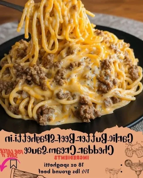 Garlic Butter Beef Spaghetti in Cheddar Cream Sauce